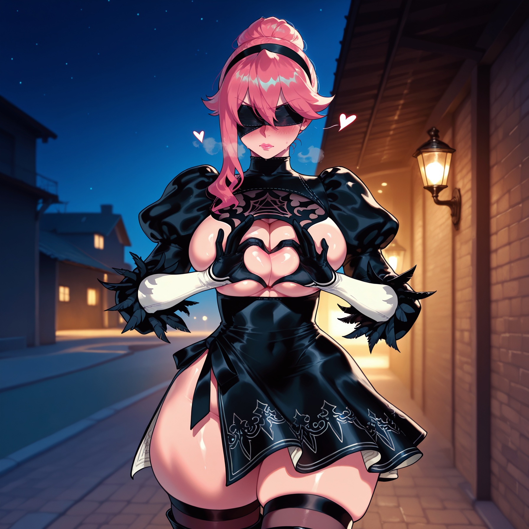 1girl, 1girls, 2b (nier:automata), 2b (nier:automata) (cosplay), ai generated, asymmetrical hair, balecxi, black blindfold, black dress, black footwear, black gloves, black hairband, black thighhighs, blindfold, blush, boots, breastless clothes, breasts, breasts out, breath, cleavage, cleavage cutout, clothing, clothing cutout, cosplay, covered eyes, covered navel, curvaceous, curvaceous female, curvaceous figure, curvy, curvy figure, dress, facing viewer, feather-trimmed sleeves, female, female focus, gloves, gyokuyou (kusuriya no hitorigoto), hair bun, hairband, heart hands, heavy breathing, huge breasts, inviting, inviting to sex, juliet sleeves, kusuriya no hitorigoto, lamppost, large breasts, legwear, lips, long sleeves, narrow waist, nier (series), nier: automata, night, night sky, no bra, outdoors, pink hair, presenting, presenting ass, presenting breasts, presenting hindquarters, presenting self, public indecency, public nudity, puffy sleeves, road, seductive, seductive look, seductive smile, single hair bun, single sidelock, skindentation, sky, solo, star (sky), street, thick thighs, thigh boots, thighhighs, thighhighs under boots, thighs, turtleneck, uncensored, voluptuous, voluptuous female, wide hips, yorha 2b (cosplay), yorha no.2 type b
