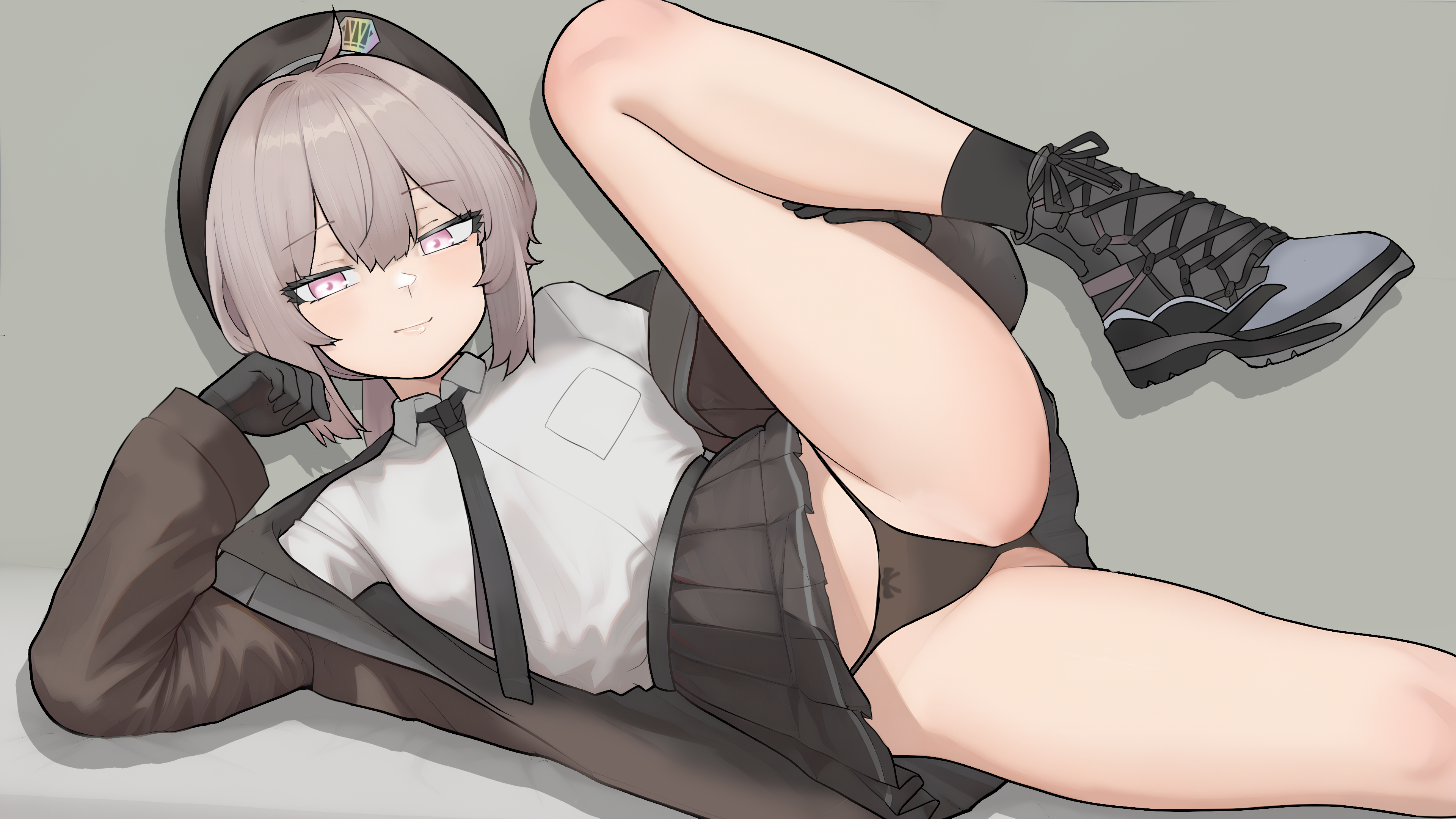 1girls, beret, cheyanne (girls' frontline 2), closed mouth, clothing, female, female only, fully clothed, girls' frontline, girls' frontline 2: exilium, godon146, grey hair, hat, jacket, laying down, laying on side, leg lift, leg up, long hair, looking at viewer, lying down, lying on side, m200 (girls' frontline), necktie, panties, purple eyes, reclining, shirt, skirt, smile, upskirt