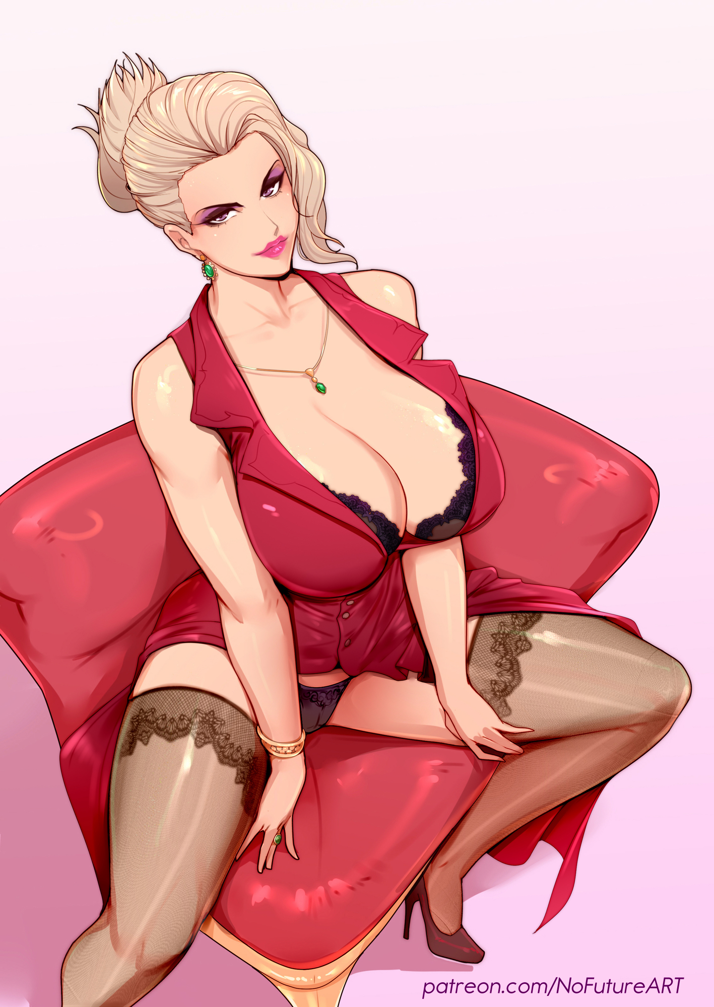 1girls, armwear, big breasts, bimbo, black bra, black panties, black thighhighs, blonde hair, bra, bracelet, breasts, cleavage, clothing, ear piercing, earrings, female, female only, final fantasy, final fantasy vii, final fantasy vii remake, hair, heels, high heels, hips, lace, lace trim, lace-trimmed bra, lace-trimmed panties, lace-trimmed thighhighs, light skin, lingerie, lips, lipstick, mature, mature female, mature woman, milf, necklace, neckwear, nofuture, panties, patreon username, pink lips, pink lipstick, purple eyes, purple eyeshadow, ring, scarlet (ffvii), solo, solo female, square enix, stockings, thighhighs, thighs, voluptuous, voluptuous female