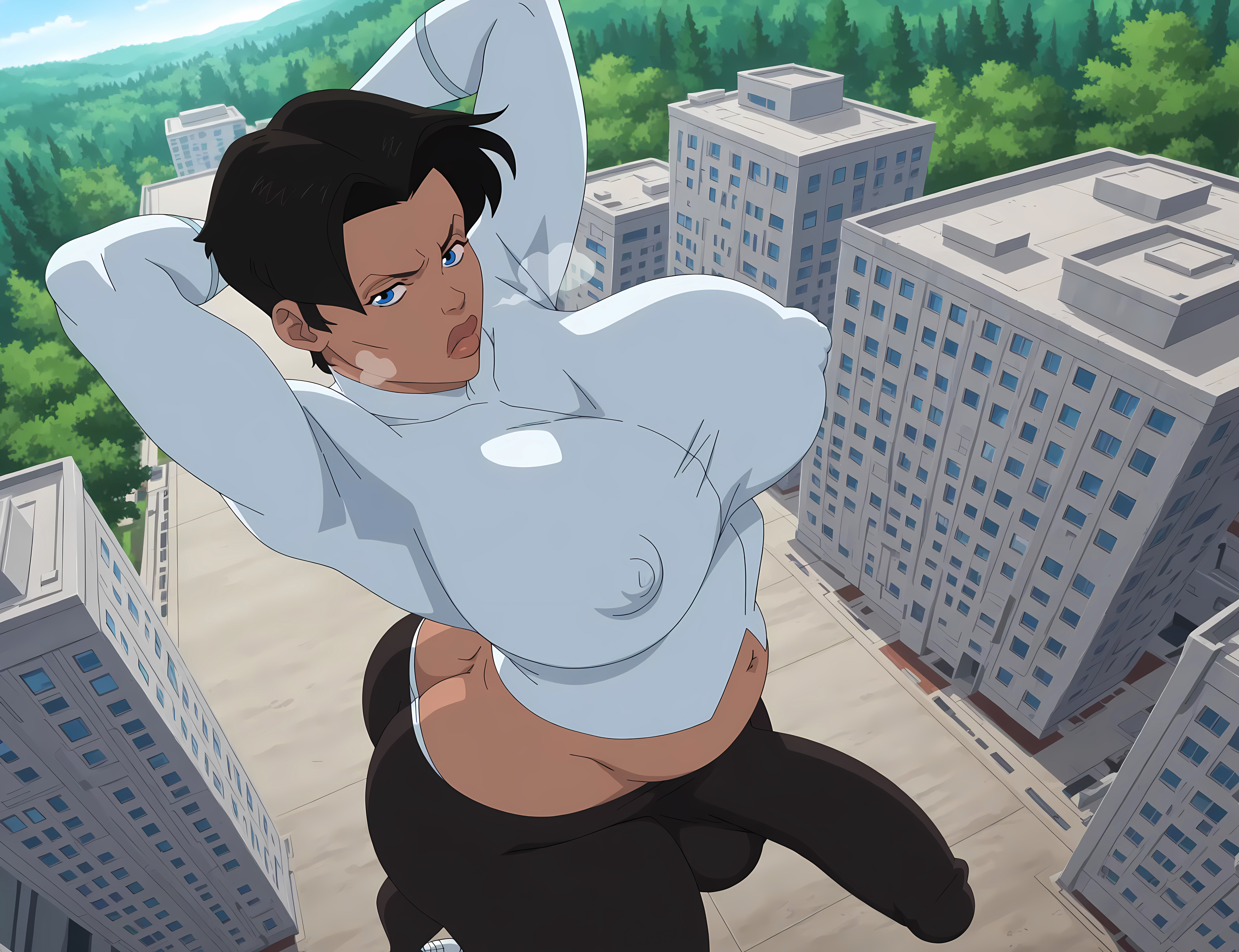 1futa, 2d, 2d (artwork), ai assisted, ai generated, anissa, arms behind head, ass, balls, breasts, bulge, bulge through clothing, butt crack, floating, futa, futanari, invincible, invincible (tv series), looking at viewer, navel, nipple bulge, nipples, penis, solo, standing, thestrongest