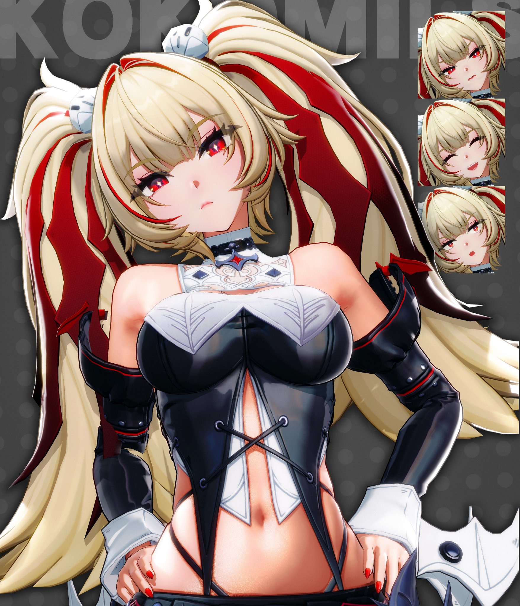 1girls, 3d, 3d model, bare shoulders, claret (zenless zone zero), claret flint, colored nails, different expressions, female, female only, hands on hips, kokomils, long hair, long nails, midriff, midriff baring shirt, navel, painted nails, pale skin, pale-skinned female, pigtails, platinum blonde hair, red eyes, red nails, two-tone hair, zenless zone zero