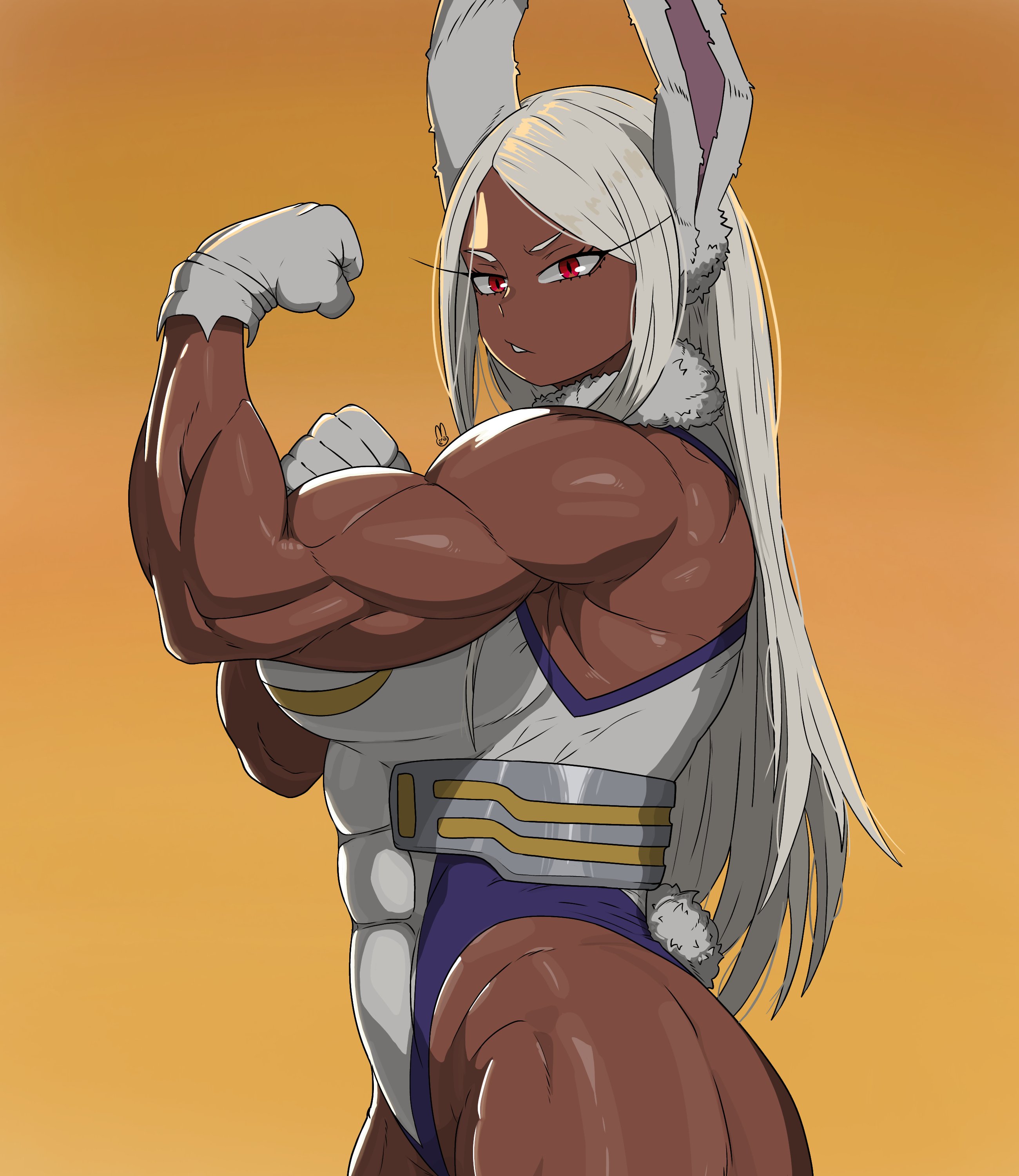1girls, abs, absurd res, athletic, athletic female, biceps, big ass, big boobs, big breasts, big butt, big thighs, breasts bigger than head, bunny ears, bunny girl, bunny tail, curvy, curvy body, curvy female, curvy figure, flexing, hamhamster25, highres, huge ass, huge boobs, huge breasts, huge butt, huge thighs, long hair, looking at viewer, mirko, miruko, muscular, muscular arms, muscular female, muscular legs, muscular thighs, my hero academia, orange background, rumi usagiyama, simple background, solo, solo female, solo focus, tan body, tan skin, tanned, tanned body, tanned female, tanned skin, thick thighs, voluptuous, voluptuous body, voluptuous female, yellow background