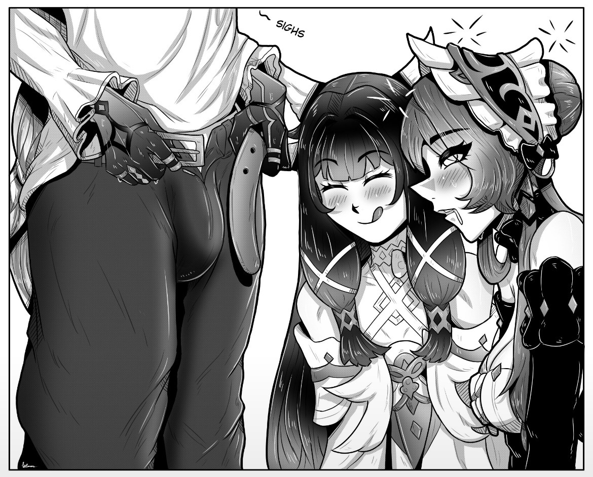 1futa, 2girls, about to suck, arlecchino (genshin impact), big bulge, columbina (genshin impact), futanari, genshin impact, kirrmara, sandrone (genshin impact), unbuckled belt, unzipped pants