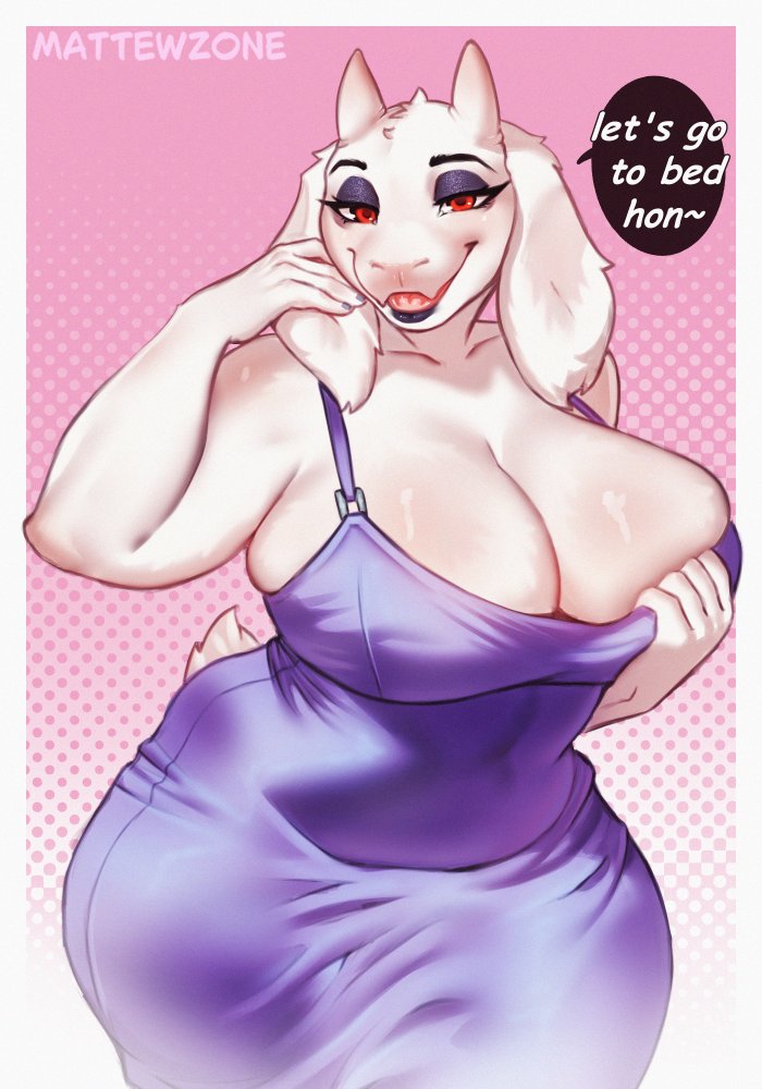1girls, 2026, anthro, big breasts, caprine, cleavage, dialogue, dress, english text, eyelashes, female, female only, floppy ears, fur, furry, horns, huge breasts, large breasts, large hips, long dress, looking at viewer, makeup, mattewzone, mature female, milf, narrowed eyes, open mouth, purple dress, purple eyeshadow, purple lipstick, red eyes, seductive, seductive smile, sideboob, smiling, smiling at viewer, solo, speech bubble, talking to viewer, toriel, undertale, undertale (series), voluptuous, white fur, wide hips