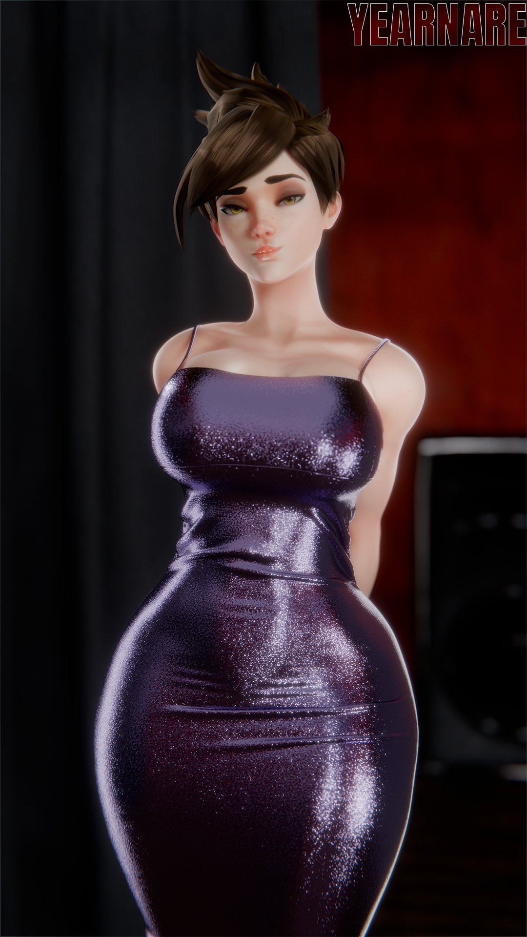 1girls, 3d, 3d (artwork), 3d model, bare shoulders, bedroom, bedroom eyes, big breasts, blizzard entertainment, breasts, brown eyes, brown hair, chest, child bearing hips, collarbone, curvaceous, curvy, curvy female, curvy figure, dongtan dress, dress, female, female only, fupa, hi res, high resolution, highres, hourglass figure, large breasts, lena oxton, light skin, light-skinned female, lips, looking at viewer, memz3d, memz3d (model), narrow waist, overwatch, overwatch 2, pencil dress, purple dress, smirk, smirking at viewer, spaghetti strap, taut dress, tits, tracer