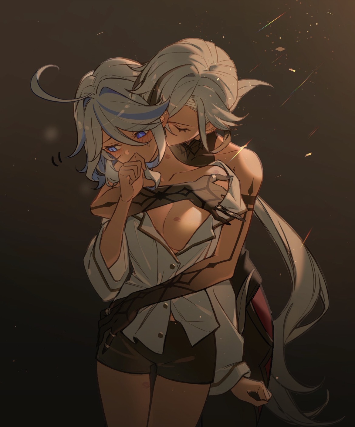 2girls, arlecchino (genshin impact), female only, female/female, furina (genshin impact), genshin impact, kissing neck, lesbians, lipstick on breast, petite, small breasts, yuri