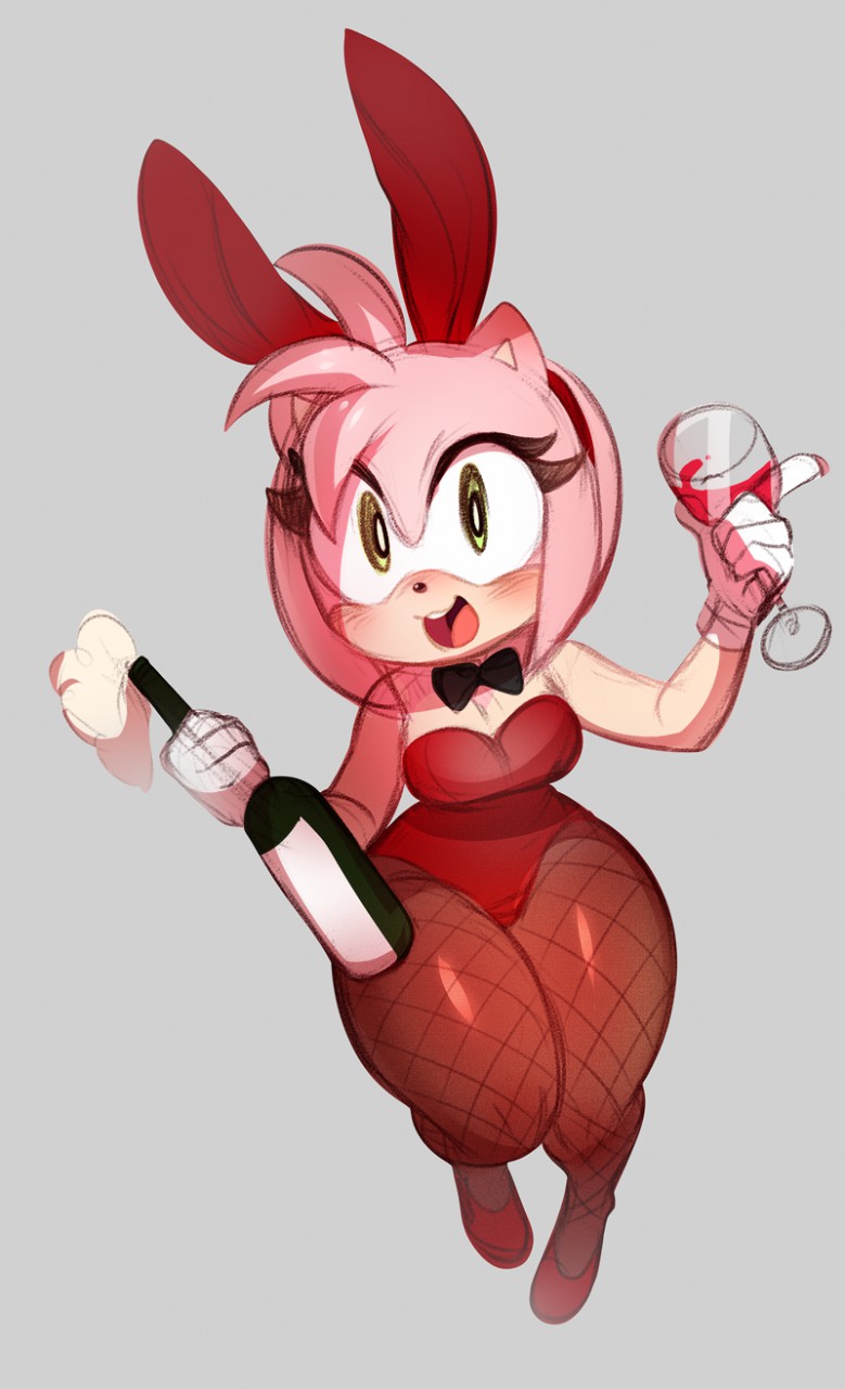 :3, 1girls, amy rose, bowtie, breasts, bunny ears, bunnysuit, drink, female, female only, fishnets, gloves, green eyes, hedgehog, leggings, pink fur, pink hair, sonic (series), sonic the hedgehog (series), thighs, wine, wine bottle, wine glass