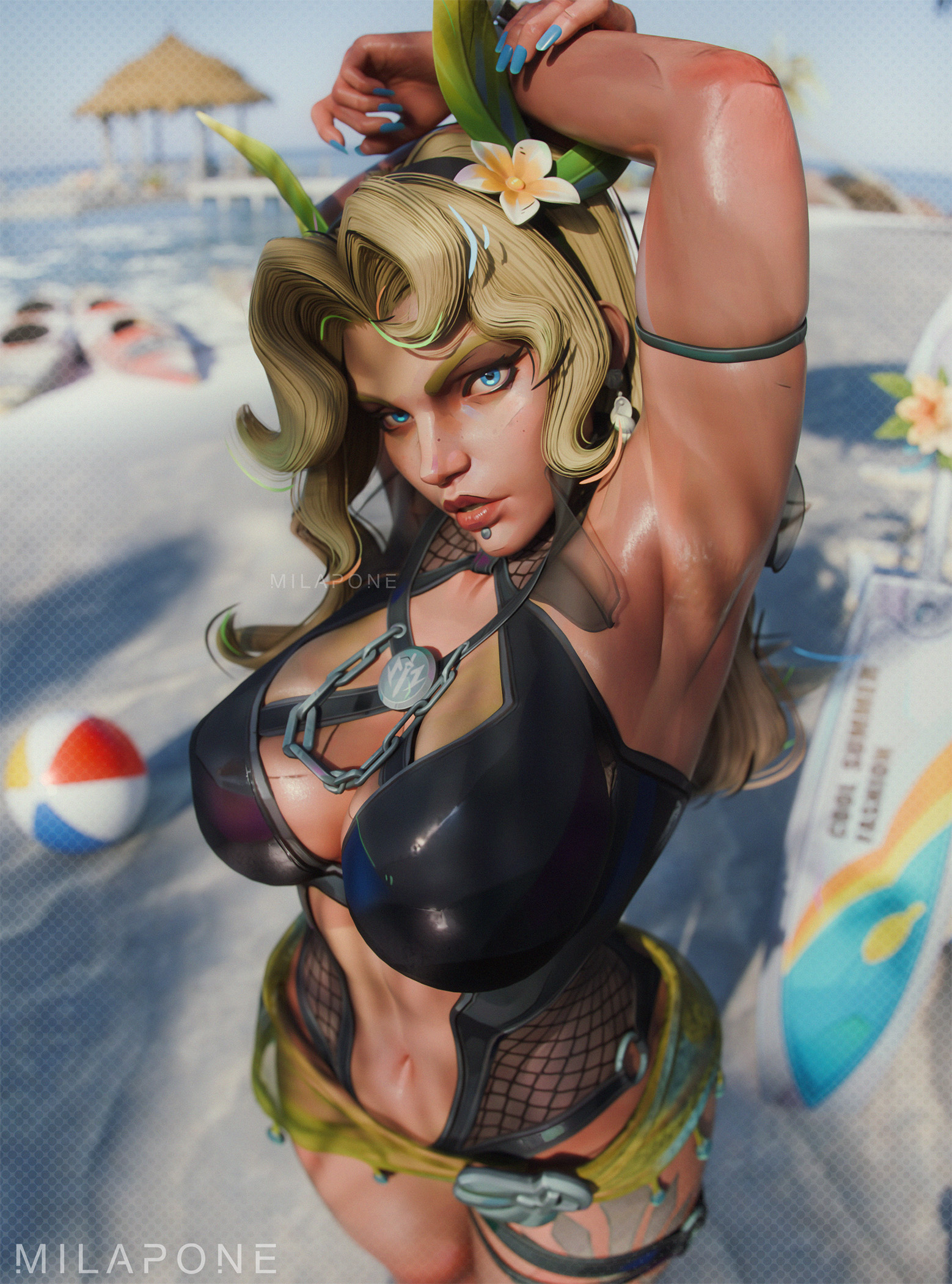 1girls, 3d, arm up, armpit fetish, armpits, beach, beach background, beach ball, big breasts, blonde hair, clothed, fully clothed, huge breasts, looking at viewer, magik (illyana rasputin), magik (marvel rivals), magik (soul surfer), marvel, marvel comics, marvel rivals, milapone, sfw, solo, solo female