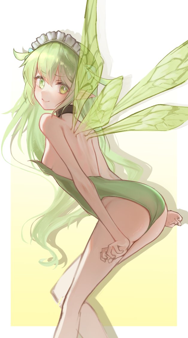 1girl, bare back, bare legs, bare shoulders, black souls, black souls 2, breasts, collar, commentary request, fairy, fairy wings, from behind, gradient background, green eyes, green hair, green leotard, green wings, korean text, leaf (black souls), leotard, long hair, looking at viewer, maid headdress, metal collar, pointy ears, shadow, short twintails, simple background, small breasts, smile, solo, strapless, strapless leotard, twintails, wings, yellow background