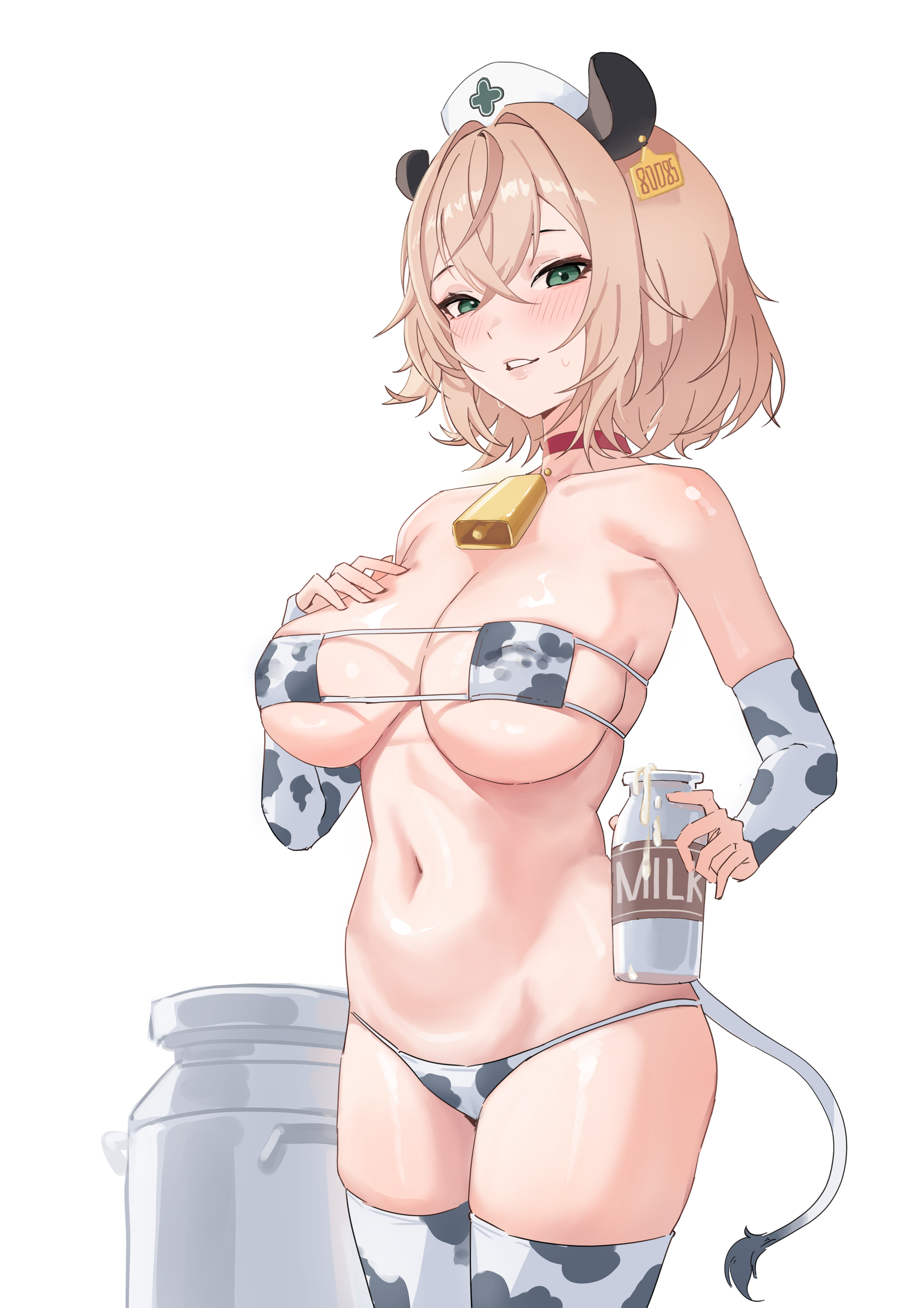 1girl, 1girls, absurdres, animal ears, animal print, bell, bikini, blush, bottle, breast milk in container, breasts, brown hair, choker, cow print, cow print bikini, cow print sleeves, cow print thighhighs, cowbell, eyepatch bikini, female, green eyes, hair intakes, hat, highres, indie virtual youtuber, large breasts, looking at viewer, lunarisbloom, milk, milk bottle, milk churn, navel, nimi nightmare, nurse cap, print bikini, print thighhighs, short hair, stomach, sweat, swimsuit, tapir ears, tapir girl, thighhighs, thighs, tits, virtual youtuber, vtuber, white background