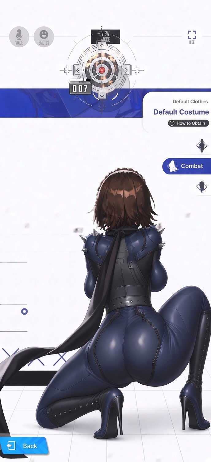 1girls, ai assisted, ai edit, aiming, ass, ass focus, bodysuit, boobs, breasts, butt, female, female focus, female only, gameplay mechanics, goddess of victory: nikke, high heels, kneeling, makoto niijima, nikke, persona, persona 5, questionable, shooting, short hair, stiletto heels, tagme, unknown artist