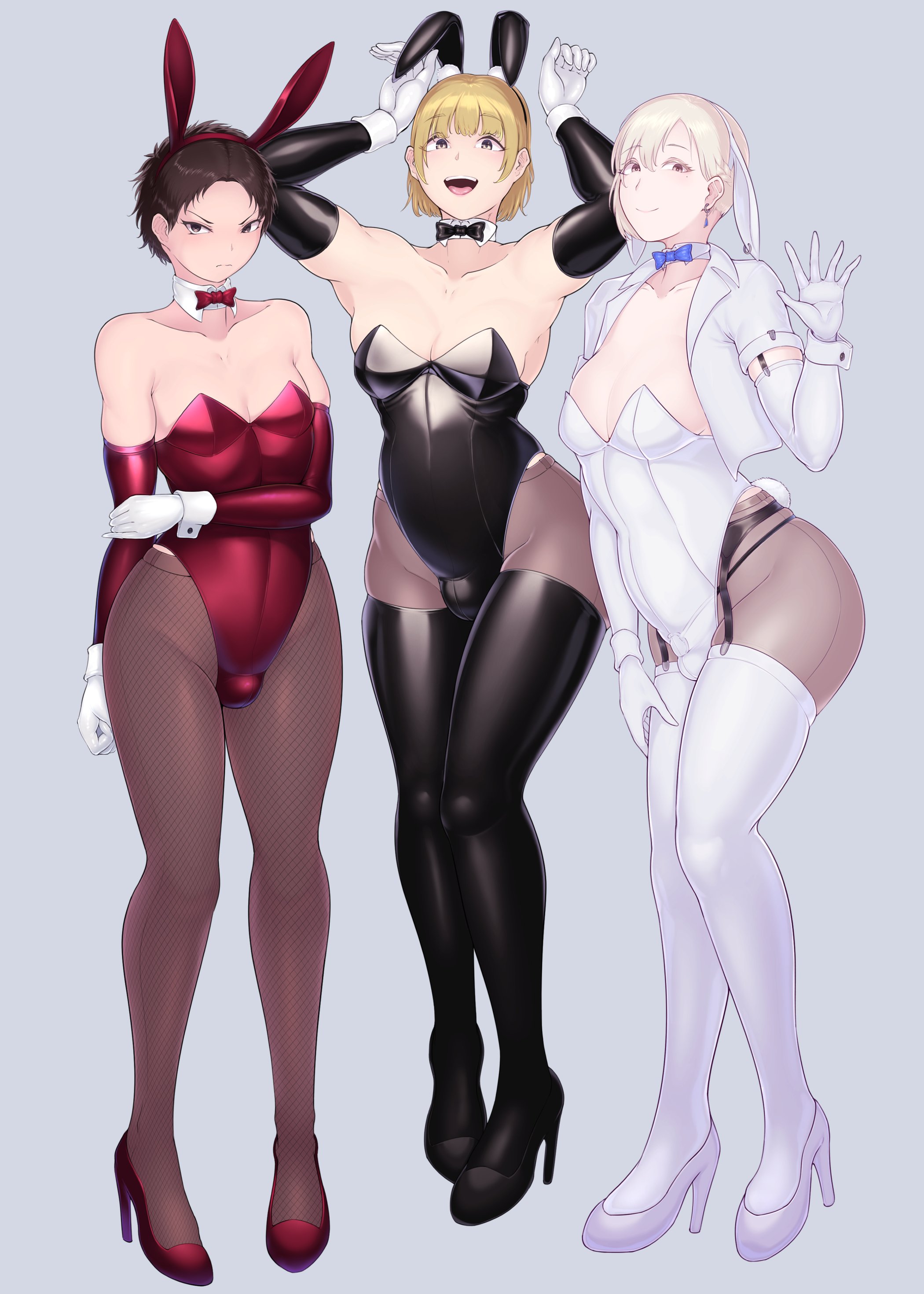 3boys, black hair, black high heels, black latex, black leggings, black legwear, blonde hair, bulge, bulge under clothes, bunny boy, bunny costume, bunny ear, bunny ears, bunnysuit, crossdressing, crossdressing male, crossed legs, femboy, femboy focus, femboy only, femboydom, femboysub, fishnet legwear, fishnet stockings, forehead, goodwell, heels, high heels, leggings, medium hair, open mouth, open mouth smile, otoko no ko, otokonoko, red high heels, red latex, short hair, white gloves, white hair, white high heels, white latex, white legwear, wide hips