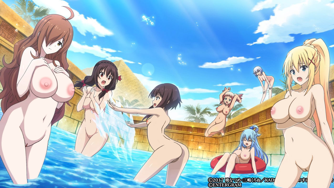 :d, 6+girls, ahoge, aqua (konosuba), arms up, ass, black hair, blonde hair, blue eyes, blue hair, blue sky, blush, braid, breasts, brown eyes, brown hair, casual, casual nudity, chris (konosuba), cleft of venus, closed eyes, cloud, collarbone, completely nude, darkness (konosuba), day, hair ornament, hair over one eye, hair rings, innertube, kono subarashii sekai ni shukufuku wo!, large breasts, long hair, looking at viewer, medium breasts, megumin, multiple girls, navel, nipples, nonsexual nudity, nude, open mouth, outdoors, pink hair, ponchocop, ponytail, pool, pussy, red eyes, short hair, sky, small breasts, smile, splashing, standing, tree, uncensored, wading, water, wiz (konosuba), x hair ornament, yunyun (konosuba)