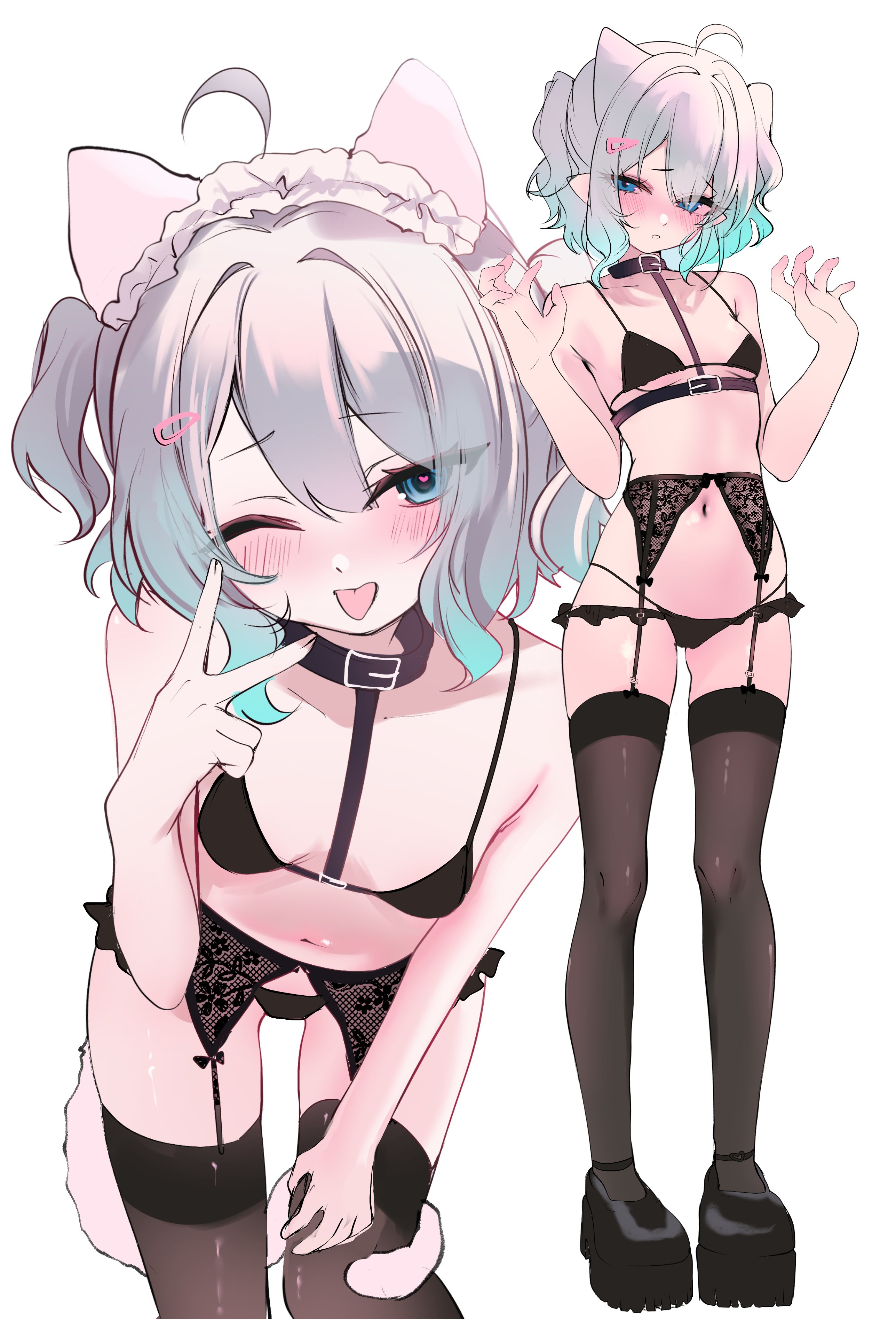 1girl, 1girls, absurdres, acedia, animal ear hairband, animal ears, black bra, black collar, black garter belt, black panties, black shoes, black thighhighs, blue eyes, blush, bra, breasts, cat ear hairband, cat ears, cleavage, collar, commentary, densetsu.exe, embarrassed, fake animal ears, female, garter belt, gradient hair, green hair, hair between eyes, hairband, heart, heart in eye, highres, lace garter belt, legs, maid headdress, mint fantome, multicolored hair, multiple views, navel, one eye closed, panties, pointy ears, shoes, short hair, small breasts, standing, symbol in eye, thighhighs, thighs, tongue, tongue out, two side up, underwear, untranslatable commentary, v, virtual youtuber, vtuber, white background, white hair