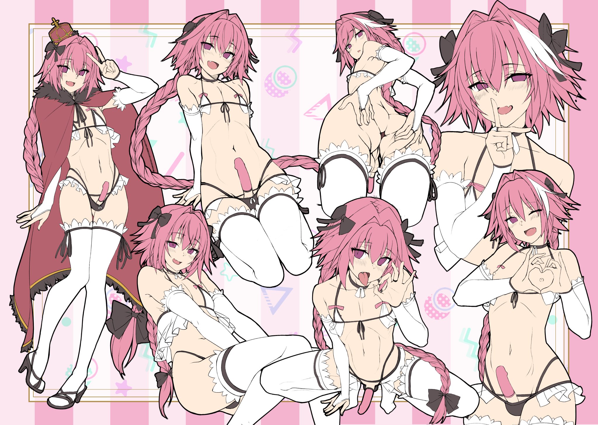 1boy, areolae, ass, astolfo (fate), balls, balls bulge, balls in panties, cape, condom on penis, covered penis, crossdressing, erection, fate (series), fate/grand order, femboy, flat chest, gaping anus, hair ribbon, high heels, large ass, long hair, male, male only, micro bikini, panties, panty bulge, penis, penis out, pink eyes, pink hair, presenting anus, presenting ass, presenting hindquarters, small balls, small penis, smile, solo, squatting, tommydashen, trap, white legwear