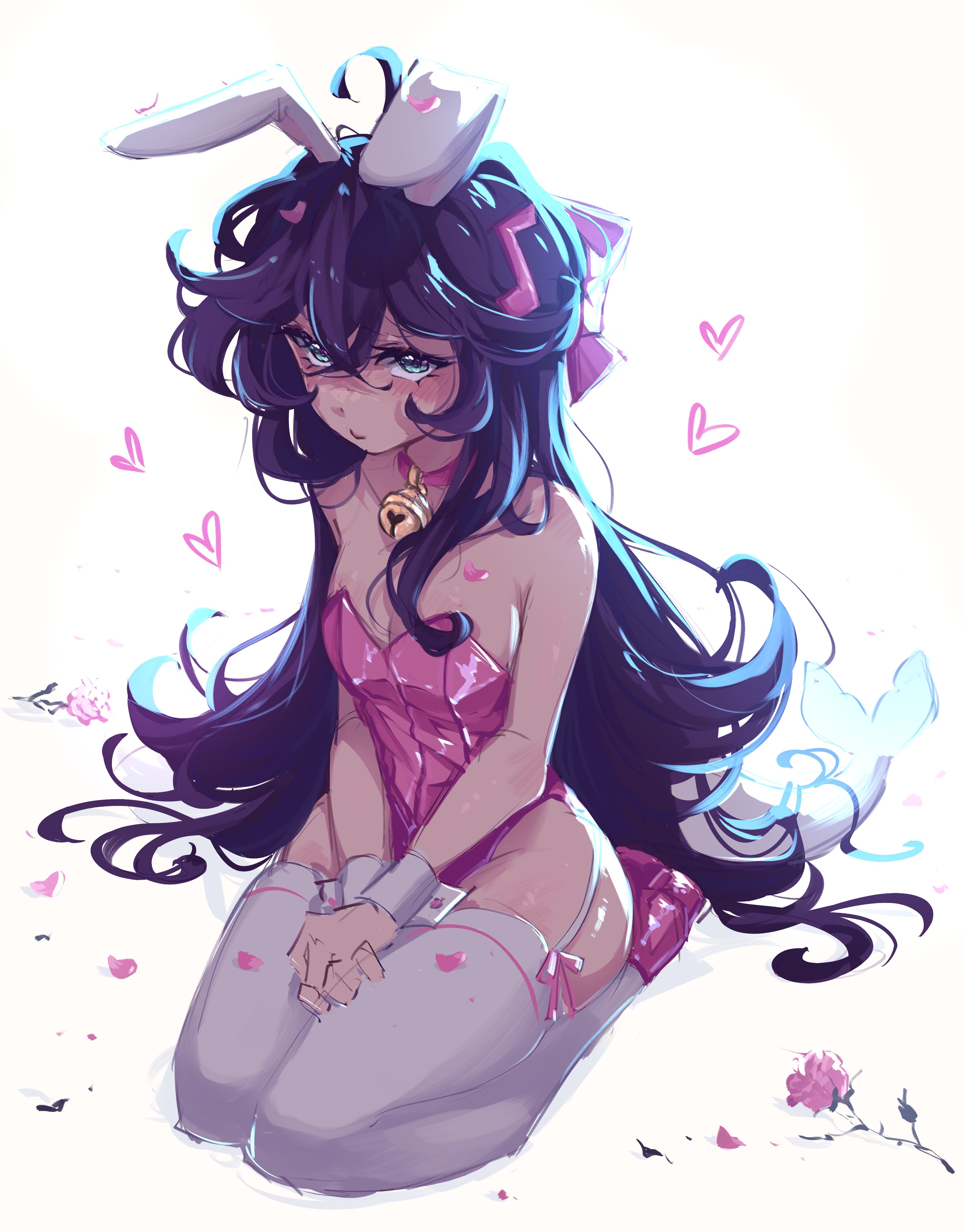 bell collar, bunny costume, bunny ears, bunny girl, bunnysuit, collar, curvy, curvy figure, flat chest, heels, high heels, large thighs, mcyt, minecraft, minecraft youtubers, noahat, oc, original character, original character do not steal, pink bunnysuit, purple hair, rose (flower), seal tail, squatting, thigh highs, thighhighs, thighs, twitch, twitch streamer, twitch.tv, twitter, twitter username, youtube, youtuber, youtubers