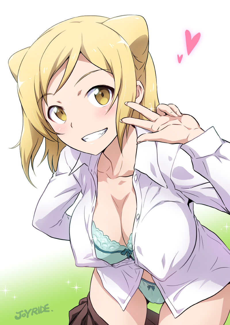 1girls blinking blonde_hair blush bra breasts cleavage clothing covered_nipples demi-chan_wa_kataritai female joy_ride large_breasts long_hair monster_girl panties smiling solo takanashi_hikari v vampire