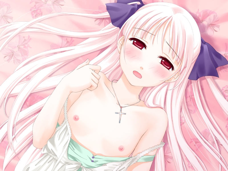 amanatsu blush breasts dress flat_chest game_cg ginta lying misonogi_sakurako nipples on_back pink_hair red_eyes small_breasts