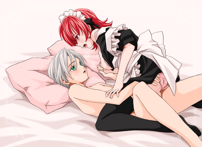 bed black_socks green_eyes iria_animi maid no_bra panties red_eyes red_hair ruca_milda sex short_hair socks tales_of_(series) tales_of_innocence thigh_socks thighhighs uncensored underwear