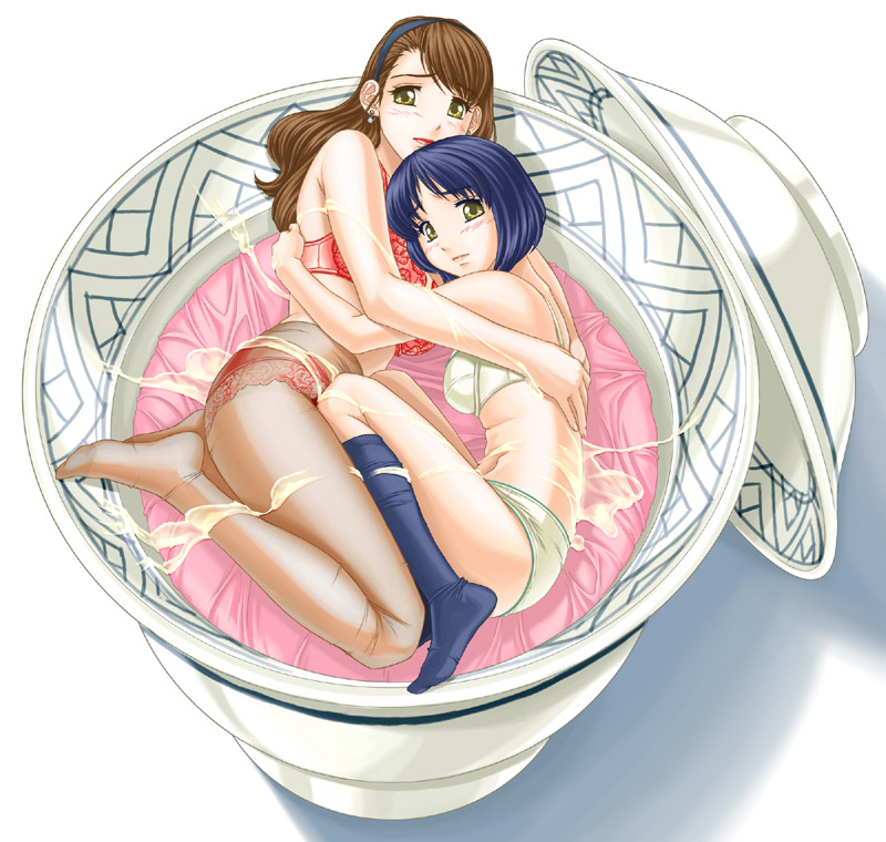 2girls apple_pie_(artist) blue_hair bra brown_hair cum cum_on_arm cum_on_body cum_on_legs cum_on_lower_body cum_on_upper_body cup earrings female_only fetal_position hairband hug jewelry lingerie lipstick long_hair looking_at_viewer lying minigirl multiple_girls panties pantyhose red_bra red_panties short_hair underwear white_bra white_panties