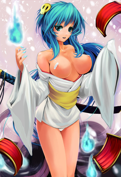 alf874 bandage bishamon blue_eyes blue_hair breasts capcom clothing darkstalkers fire flame hair_ornament hairpin japanese_clothes kimono midnight_bliss nipples open_clothes open_mouth open_shirt panties rule_63 short_hair skull small_breasts smile sword underwear weapon