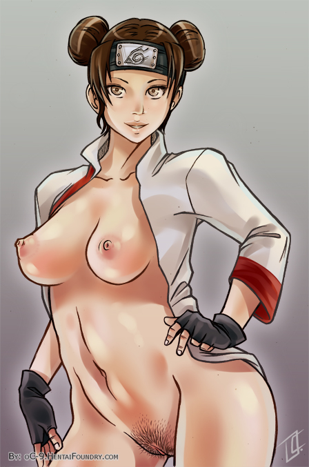 breasts brown_hair female female_only fingerless_gloves headband human naruto nude oc-9 open_jacket pubic_hair pussy solo tenten uncensored