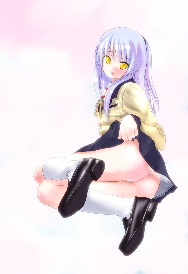 1girls angel_beats! ass blazer brown_eyes female female_only kanade_tachibana knee_socks kneehighs kneesocks loafers luna_diana no_panties purple_hair school_uniform short_hair socks solo tenshi_(angel_beats!) white_socks yellow_eyes