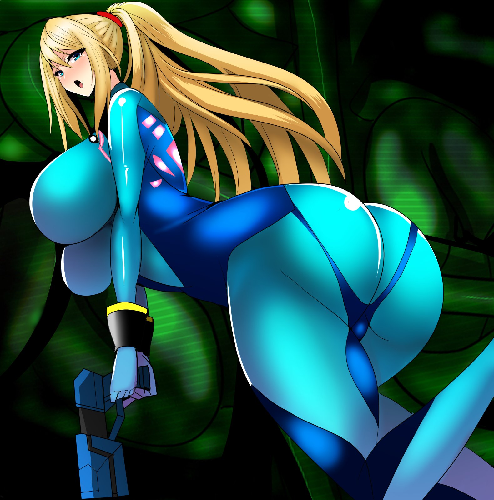 ass, ass focus, big ass, big breasts, blonde hair, bodysuit, breasts, breasts bigger than head, clothed female, female, hihumi123, long hair, metroid, nintendo, ponytail, ray gun, samus aran, solo, solo female, solo focus, thick thighs, zero suit, zero suit samus