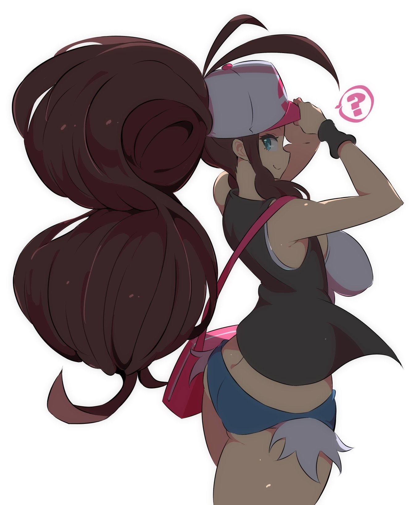 1girls, absurdres, ass, ass hanging out of shorts, back, back view, bare midriff, big ass, blue eyes, breasts, brown hair, female, female only, hat, highres, hilda (pokemon), hips, human, large breasts, looking at viewer, looking to the side, midriff, nac000, nintendo, pokemon, pokemon bw, ponytail, rear view, short shorts, shorts, side view, smile, solo, tank top, thick thighs, thighs, wide hips