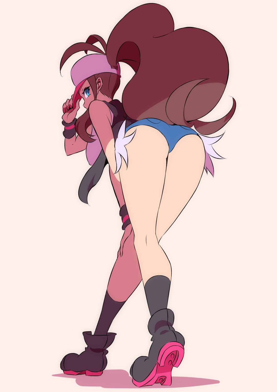 1girls, absurdres, ass, ass focus, ass hanging out of shorts, bare midriff, bending forward, bending over, blue eyes, boots, breasts, brown hair, female, female only, hand on knee, hand on leg, hanging breasts, hat, highres, hilda (pokemon), huge ass, human, laced boots, large breasts, looking at viewer, looking back, midriff, nac000, nintendo, pokemon, pokemon bw, ponytail, shorts, solo, tank top, thick thighs, thighs, white background, white shirt