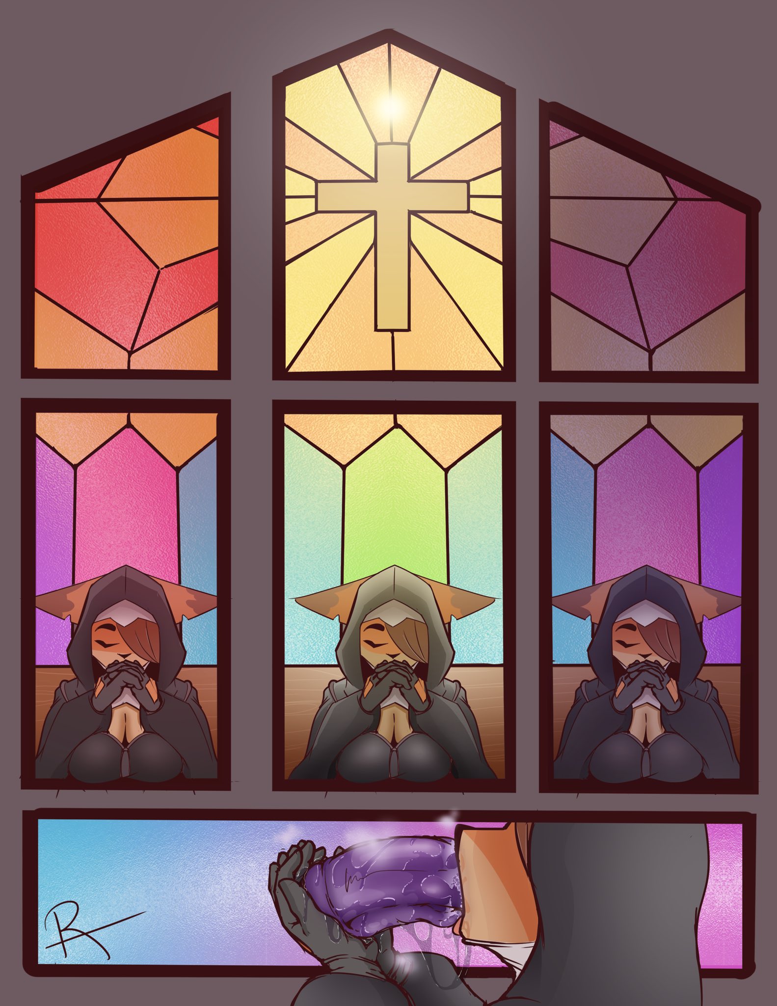 2020, anthro, big breasts, bodily fluids, breast rest, breasts, breath, canid, canine, cleavage, closed eyes, clothed, clothing, cross, deepthroat, dildo in mouth, fellatio, female, fox, gloves, habit, hair over eyes, handwear, hi res, mammal, masturbation, notched ear, nun, oral, oral penetration, penetration, praying, regolithart, religion, roxanne (spikedmauler), saliva, saliva drip, saliva on tongue, saliva string, sex toy, sex toy fellatio, solo, stained glass, toying self, veil