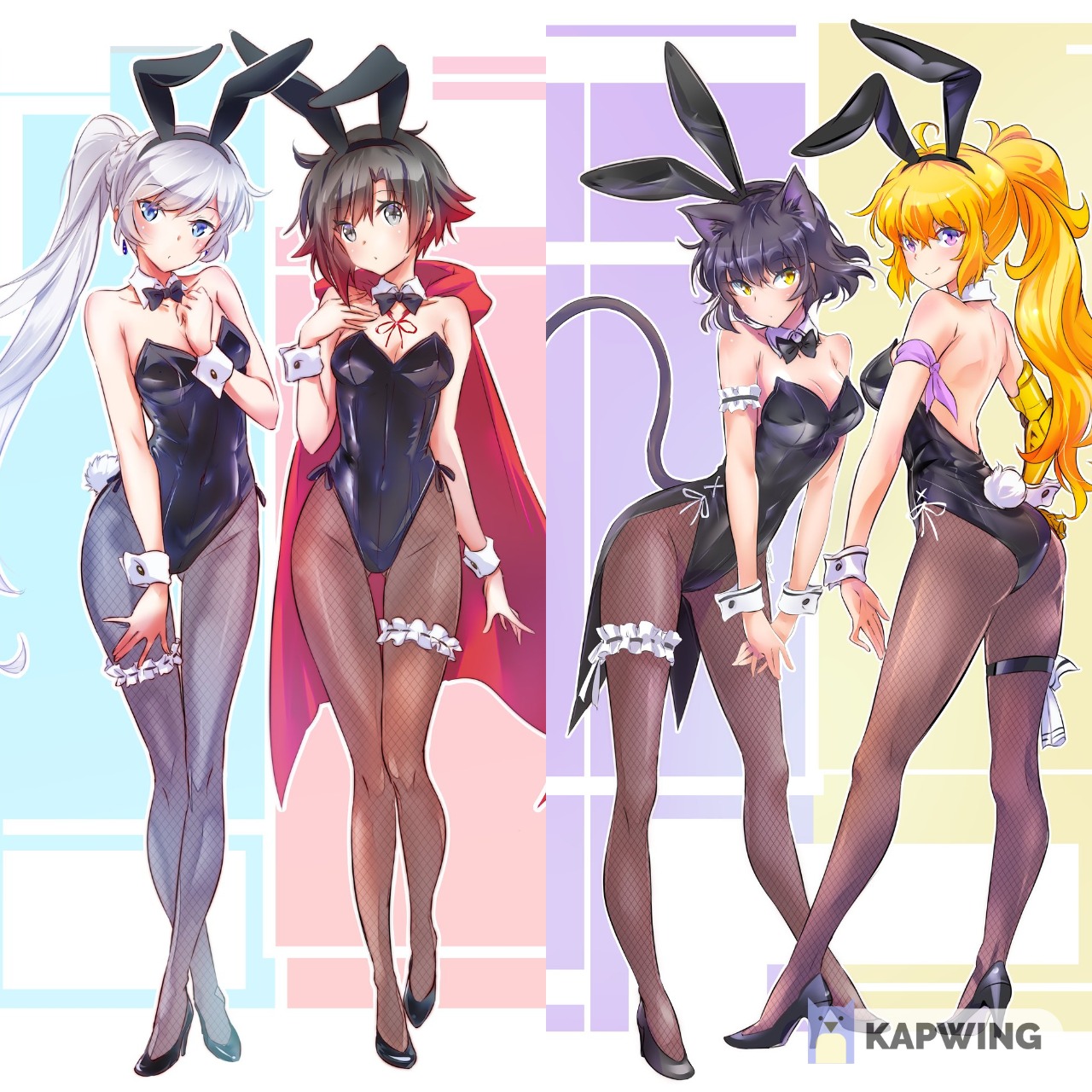 4girls, blake belladonna, bunny ears, bunny girl, bunnysuit, cat ears, cat girl, catgirl, clothing, faunus, female, fishnet stockings, fishnets, footwear, high heels, human, multiple females, multiple girls, playboy bunny, prosthetic, prosthetic arm, robotic arm, ruby rose, rwby, team rwby, weiss schnee, yang xiao long