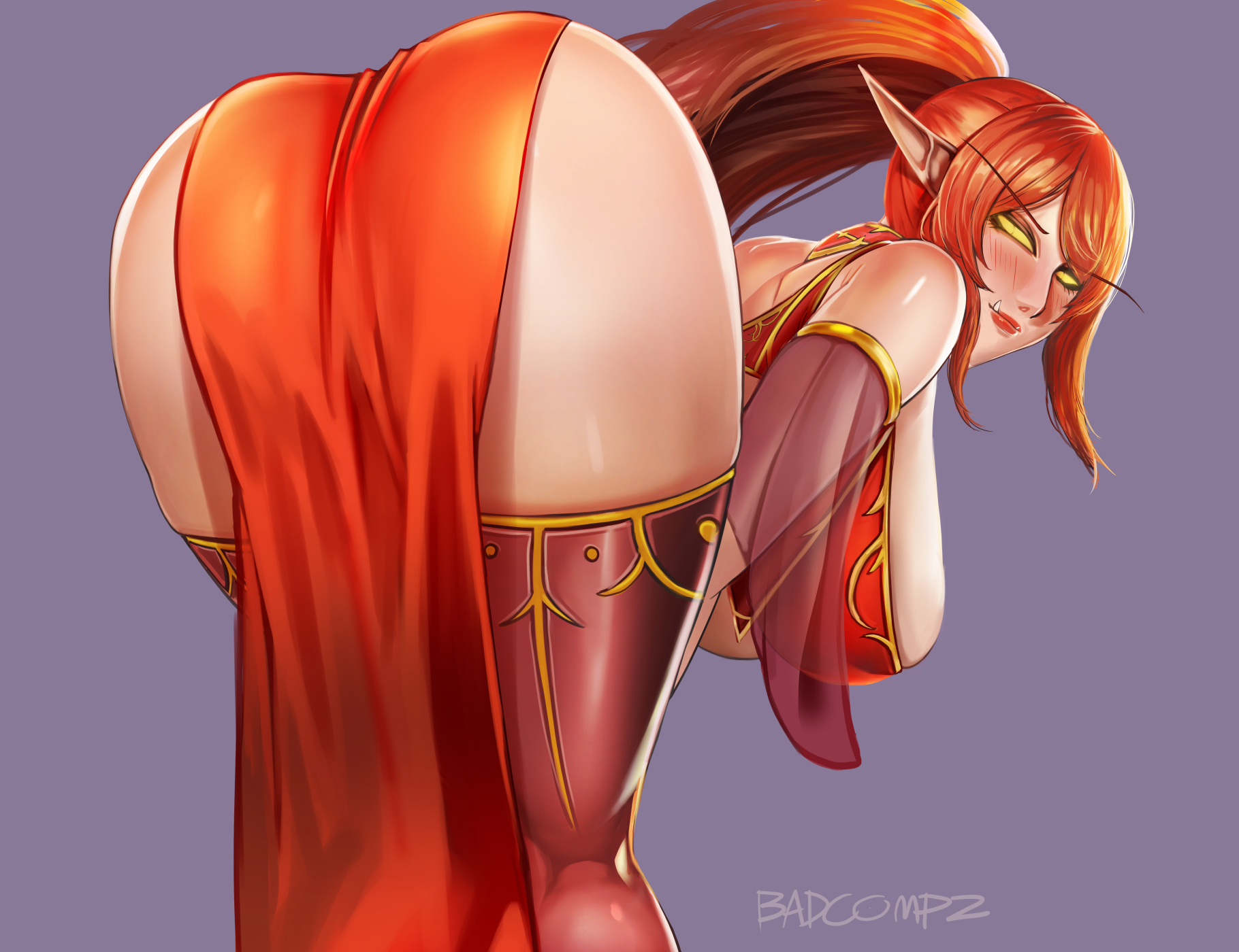 1girls, ass, badcompzero, big ass, big breasts, blood elf, breasts, cleavage, elf, female, female only, large breasts, looking at viewer, looking back, nearie, presenting, presenting hindquarters, solo, thighhighs, world of warcraft