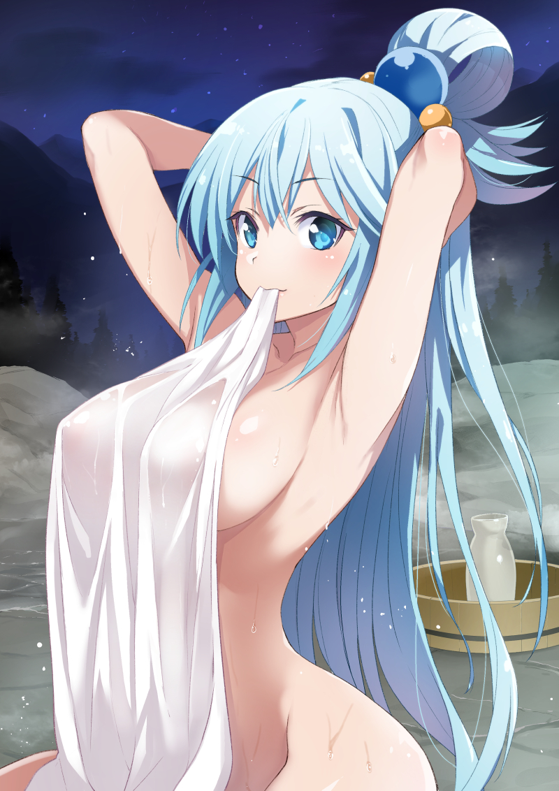 aqua_(konosuba) armpits arms_behind_head arms_up bangs blue_eyes blue_hair blush breasts clavicle closed_mouth covering eyebrows_visible_through_hair female hair_between_eyes hair_ornament hair_rings inue_shinsuke kono_subarashii_sekai_ni_shukufuku_wo! long_hair looking_at_viewer mouth_hold night night_sky outdoors shiny shiny_skin sideboob sky steam tokkuri towel very_long_hair wet wet_towel white_towel