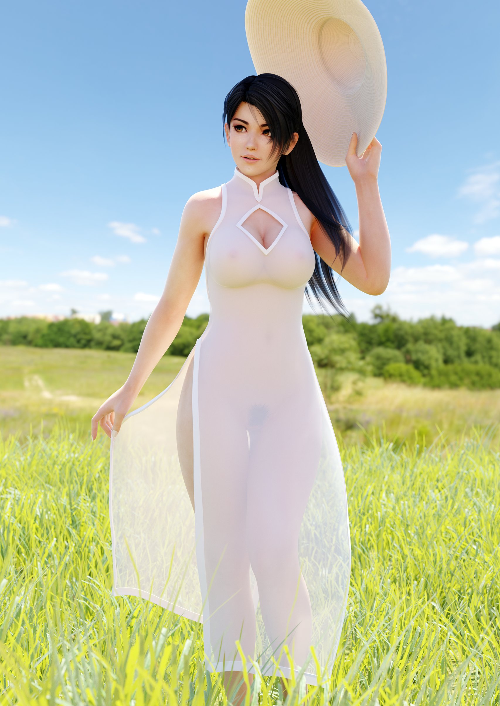 1girls, 3d, black hair, blender, breasts, casual exposure, casual nudity, cheongsam, cleavage, cleavage cutout, dead or alive, dress, female, field, full lips, halter dress, hat, hi res, human, human female, kunoichi, large breasts, light-skinned female, long hair, momiji (ninja gaiden), nipples, nipples visible through clothing, pubic hair, pussy, radianteld, see-through, sheer, slim waist, solo, tagme, tecmo, white dress