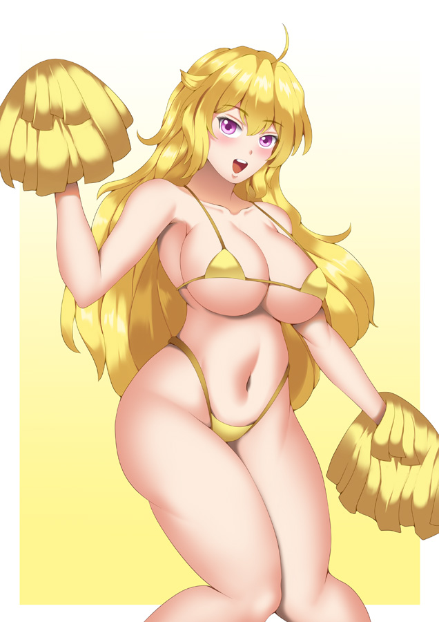 big_breasts bikini blonde_hair female haryu_(artist) haryudanto highleg_bikini long_hair micro_bikini nipples nipples_visible_through_clothing pom_poms purple_hair rooster_teeth rwby thick_thighs yang_xiao_long yellow_theme