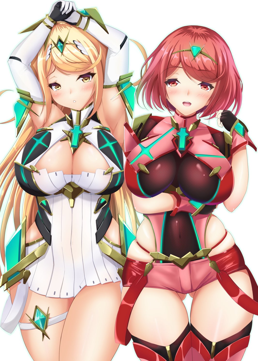 2girls, archway of venus, armor, arms up, ass, ass visible through thighs, bangs, blonde hair, blush, breast hold, breasts, chestnut mouth, cleavage, covered navel, cowboy shot, dress, eyebrows visible through hair, female, fingerless gloves, gem, gloves, hair ornament, headpiece, highres, huge ass, huge breasts, jewelry, large breasts, long hair, looking at viewer, multiple females, multiple girls, mythra, nintendo, okatora, open mouth, pyra, red eyes, red hair, red legwear, red shorts, short hair, short shorts, shorts, skindentation, swept bangs, thigh strap, thighhighs, thighs, tiara, xenoblade (series), xenoblade chronicles 2, yellow eyes