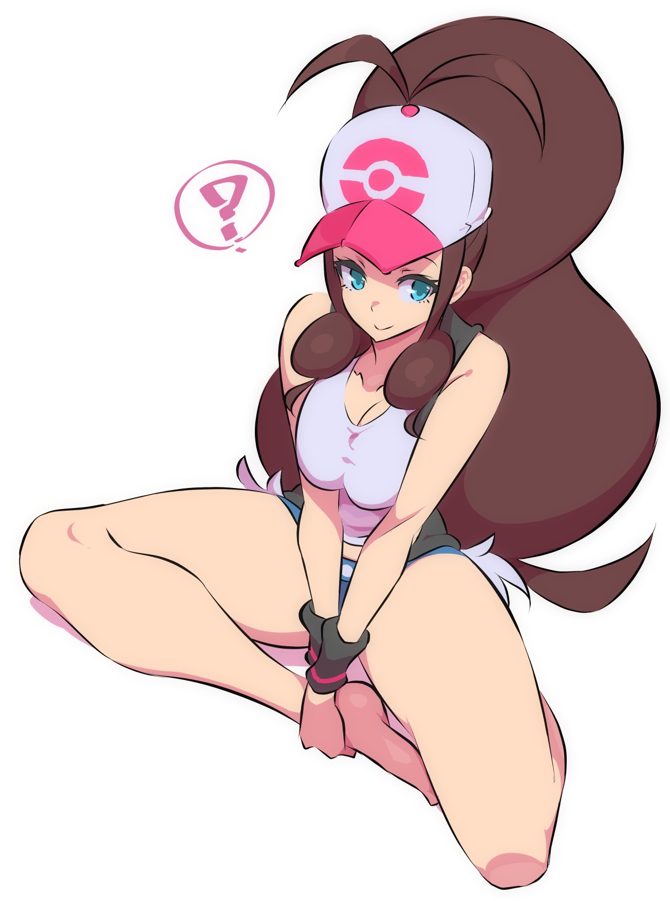 1girls, absurdres, bare midriff, barefoot, blue eyes, breasts, brown hair, crossed legs, feet, female, female only, hat, highres, hilda (pokemon), human, large breasts, looking at viewer, midriff, nac000, nintendo, pokemon, pokemon bw, ponytail, short shorts, shorts, solo, tank top, thick thighs, thighs