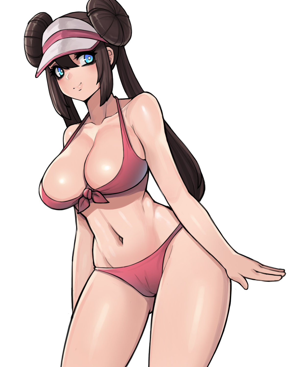 1girls, abs, alternate outfit, big breasts, bikini, blue eyes, breasts, brown hair, brown-haired female, donburikazoku, female, female only, hair bun, human, long hair, pokemon, pokemon bw2, rosa (pokemon), solo, source request, thick thighs