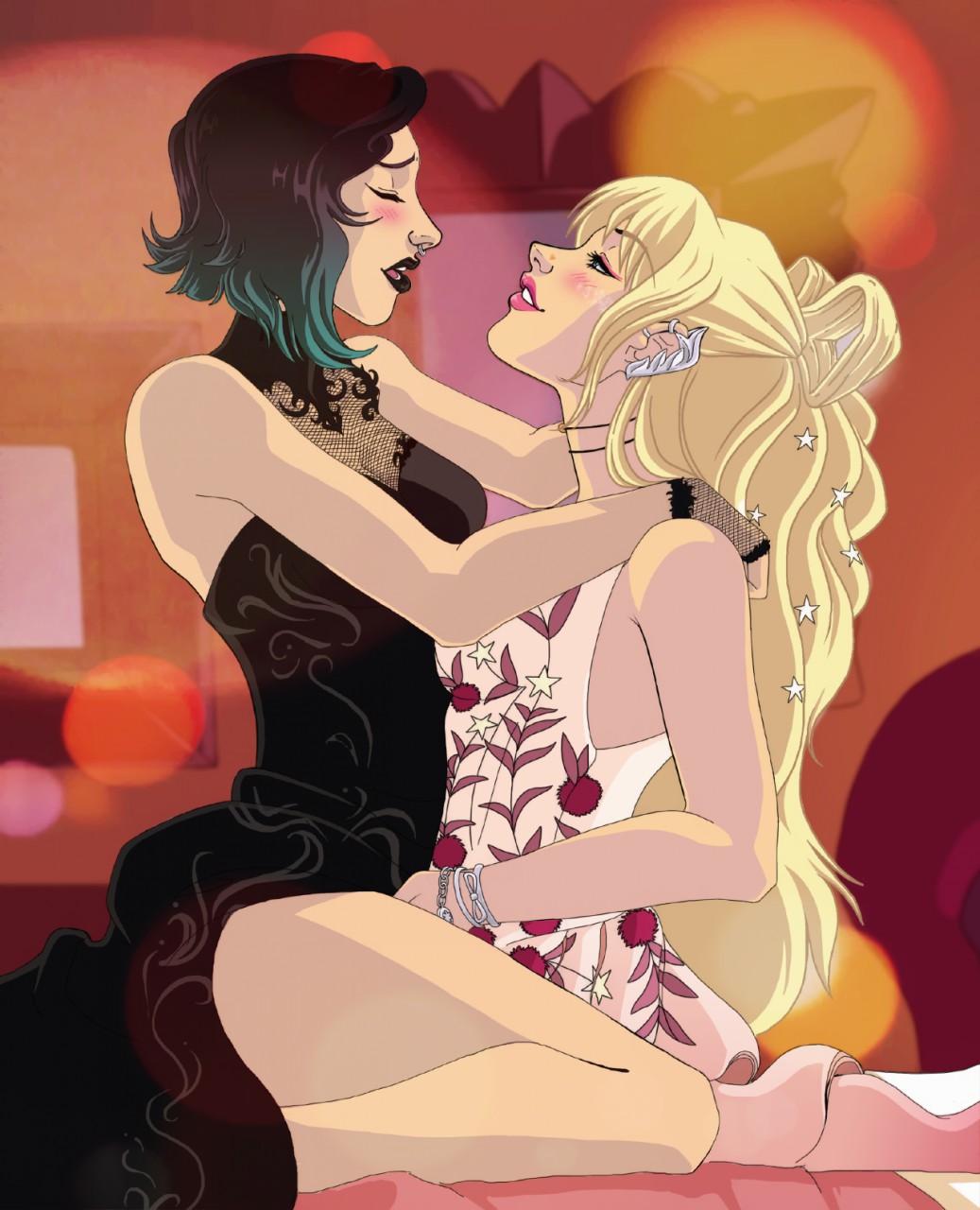 bedroom bisexual black_dress black_lips black_lipstick blonde_hair blush canon_couple clothed_sex earrings embrace eyes_closed female_only goth hand_between_legs hands_on_shoulders karolina_dean lucy_in_the_sky marvel nico_minoru on_bed orgasm_face runaways shadowkira tagme yuri