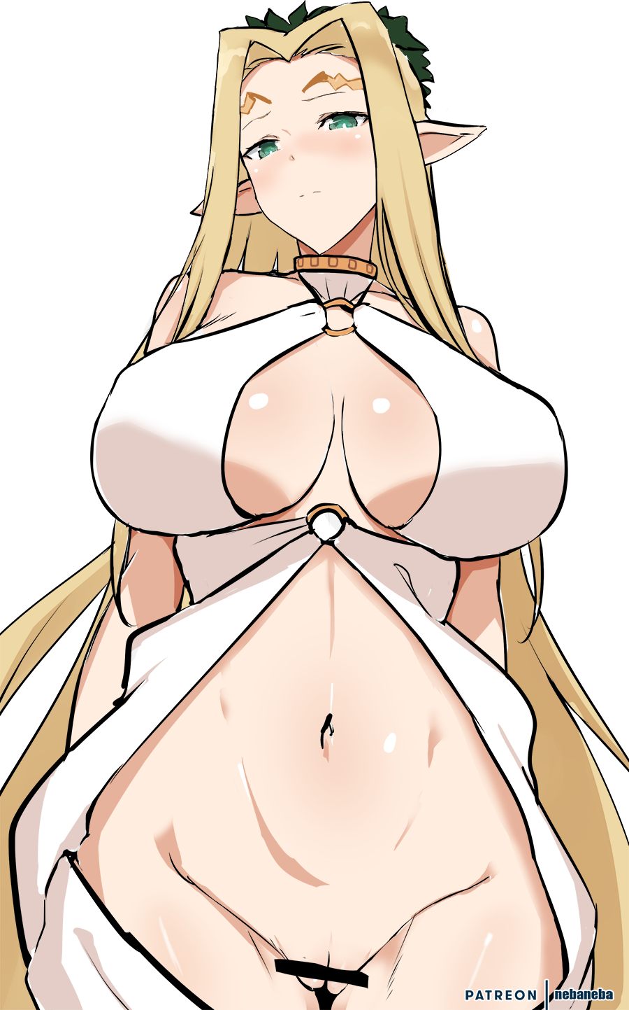 1girls big_breasts blonde_hair celestine_lucross elf female female_only green_eyes kuroinu_~kedakaki_seijo_wa_hakudaku_ni_somaru~ long_ears mature_female nebaneba nipples nipples_visible_through_clothing solo solo_female solo_focus