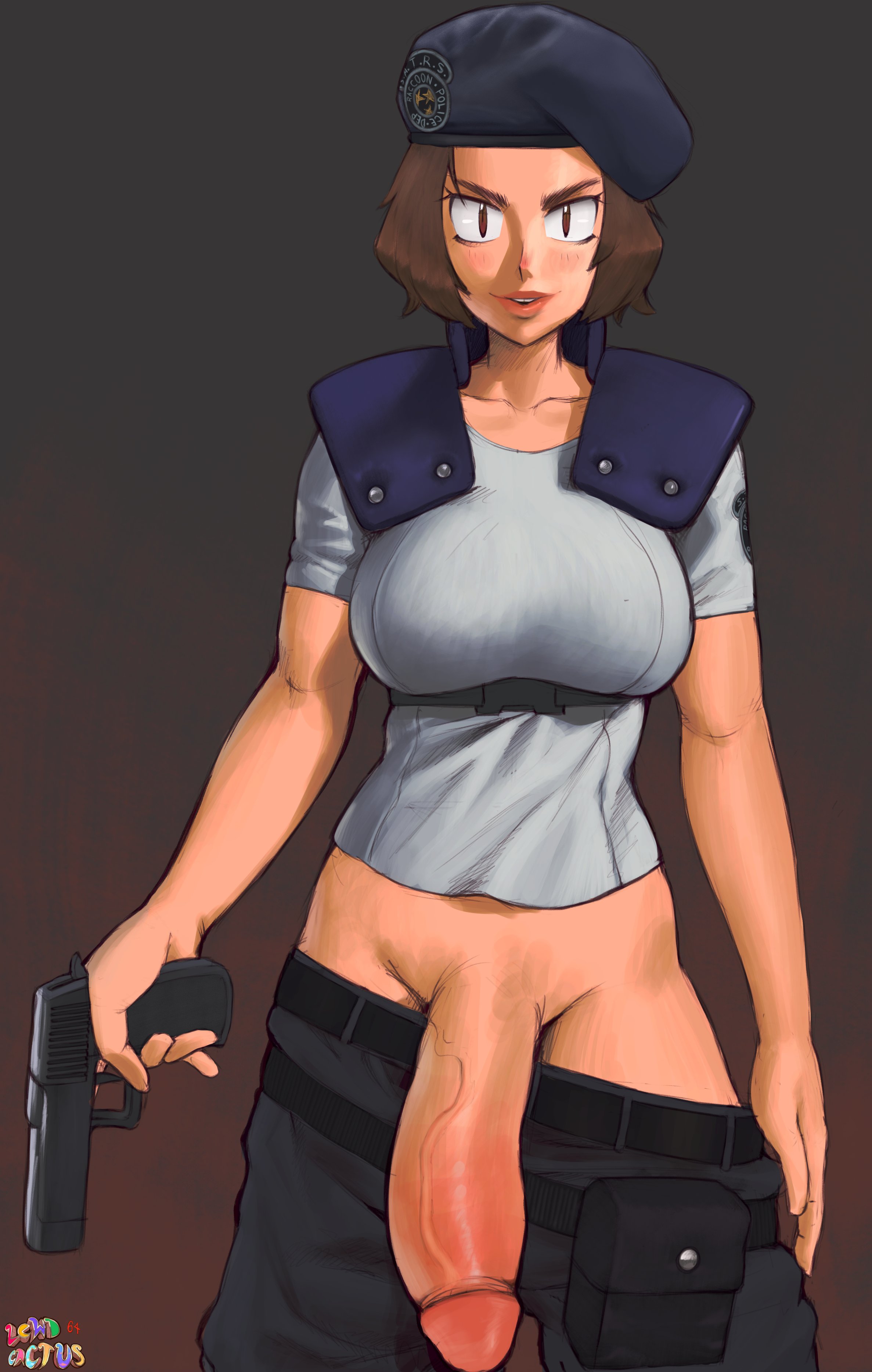 1futa, absurdres, armor, big breasts, breasts, dickgirl, firearm, futa only, futanari, gun, handgun, highres, huge breasts, huge cock, intersex, jill valentine, jill valentine (julia voth), large breasts, lewdcactus, looking at viewer, namespace, penis, pistol, resident evil, resident evil 3, smile, solo, solo futa, weapon