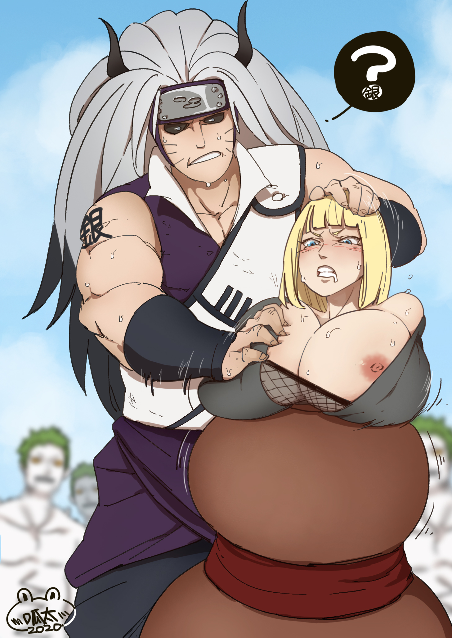 ?, 1girls, 2020, 4boys, areolae, bangs, black sclera, blonde female, blonde hair, blunt bangs, blurry background, blush, breast grab, breast slip, breasts, cleavage, clenched teeth, dated, enemies, favorite, female, forehead protector, frown, ginkaku, head grab, highres, horns, huge breasts, human, long hair, male, muscles, muscular, muscular male, naruto, naruto (series), naruto shippuden, nipples, no bra, one breast out, saliva, samui, short hair, signature, silver hair, speech bubble, spoken question mark, stuck, sweat, text, very long hair, watermark, whisker markings, xshuai, zetsu