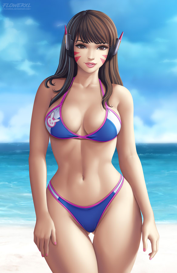 1girls alluring beach big_breasts bikini breasts cleavage d.va female female_only flowerxl large_breasts looking_at_viewer multicolored_thong overwatch solo thigh_gap thong