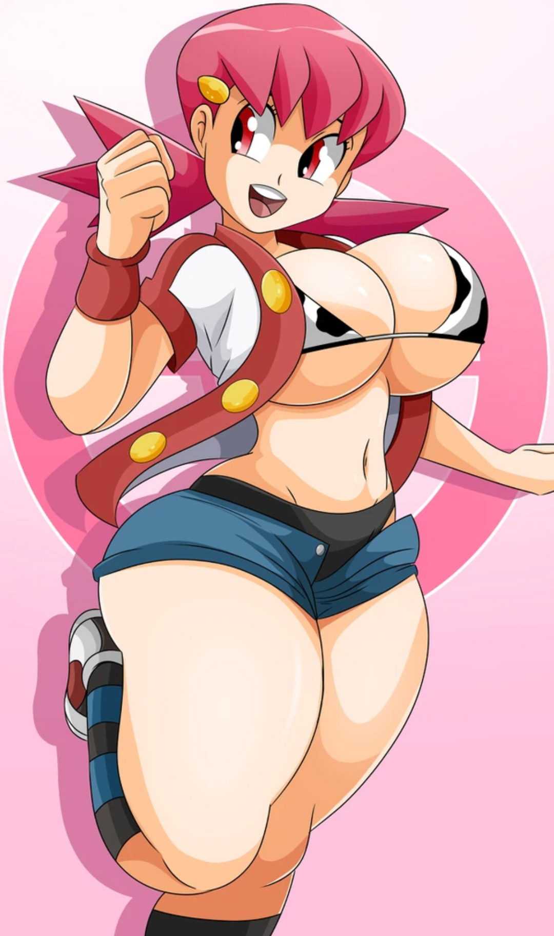 1girls, about to burst, alternate breast size, alternate outfit, barely contained, barely contained breasts, barely fits, big breasts, bra, breasts, breasts too big, bursting breasts, clothing, cow print, female, female only, gym leader, human, nintendo, pink eyes, pink hair, pokemon, pokemon gsc, shoes, short hair, smile, sneakers, socks, solo, sonson-sensei, source request, thick thighs, tight clothes, tight clothing, tight fit, too tight, twintails, undersized clothes, undersized clothing, whitney (pokemon)