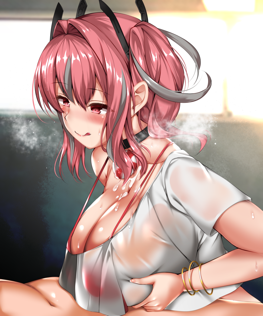 azur_lane bangs bare_shoulders bikini bikini_under_clothes bow breast_squeeze breasts bremerton_(azur_lane) cleavage clothed_female_nude_male commentary_request covered_nipples crop_top cube_(circussion) eyebrows_visible_through_hair female from_side grey_hair hair_between_eyes hair_ornament hairbow hairclip heavy_breathing large_breasts long_hair micro_bikini multicolored_hair nude paizuri paizuri_under_clothes pink_hair solo_focus straight streaked_hair suggestive_fluid swimsuit tongue tongue_out twintails two-tone_hair upper_body x_hair_ornament