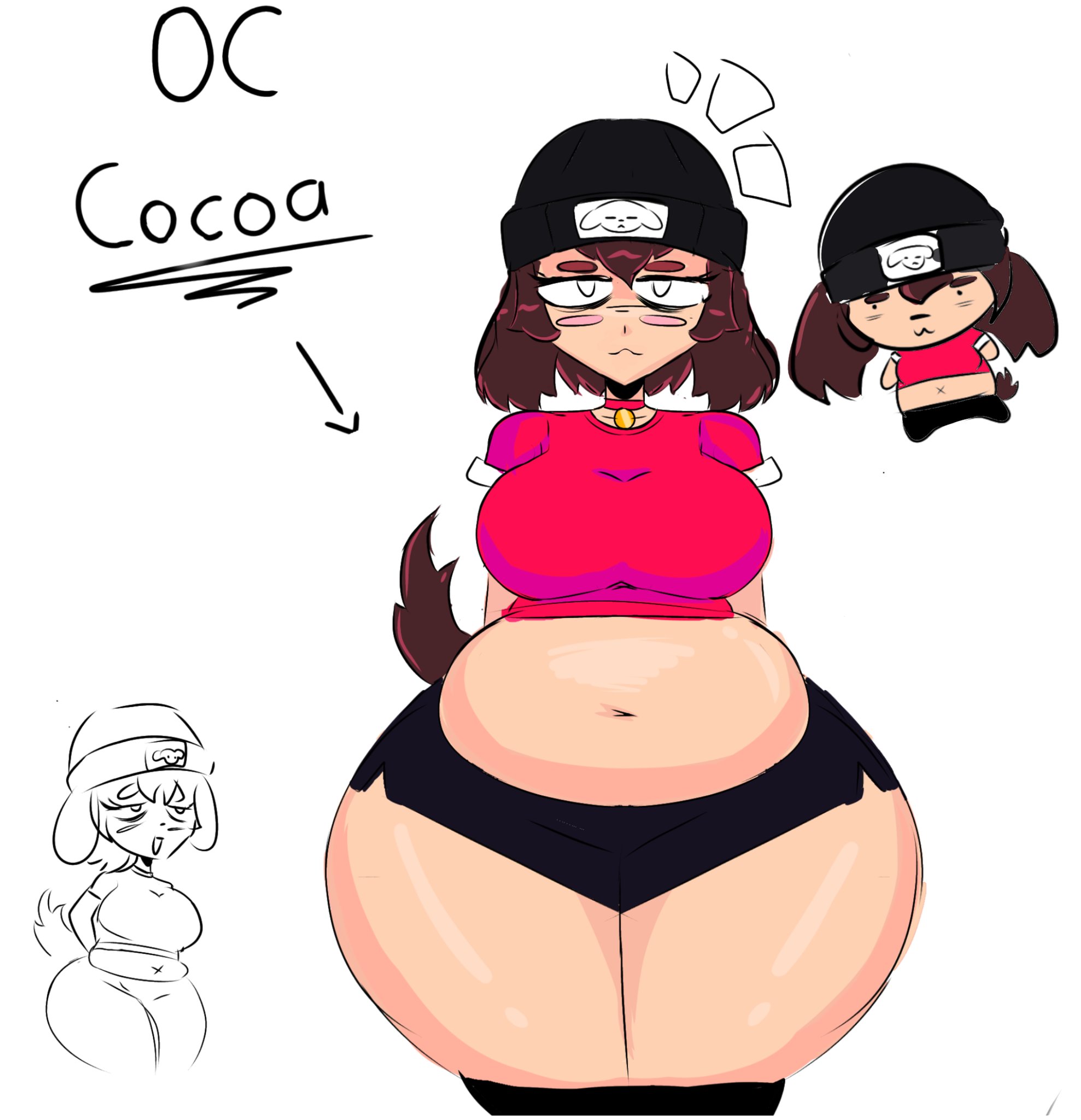 2020, 2025, 2025s, 3girls, arrow, arrow (symbol), bbw, beanie, beanie hat, belly, belly bigger than head, big breasts, black beanie, black shorts, blush stickers, breasts, brown hair, brunette female, brunette hair, chubby, chubby belly, chubby female, chunky, chunky thighs, cocoa (slsisra), dark brown hair, deviantart, deviantart link, different angles, different artstyle, different poses, different size, digital drawing (artwork), digital media (artwork), dog girl, dog tail, fair skin, fair skinned female, fair-skinned female, fair-skinned female body, first porn of character, hat, hips, hips wider than shoulders, humanoid anthro, jpg, multiple sources, no background, oc, original, original character, red shirt, salasisra, same character, short hair, short shorts, shorts, simple background, simple eyes, sketch, slsa lea, slsisra, solo, solo female, solo focus, thick, thick thighs, thighs, thighs bigger than head, thunder thighs, thunderthighs, twitter link, uncolored, uncolored background, white background