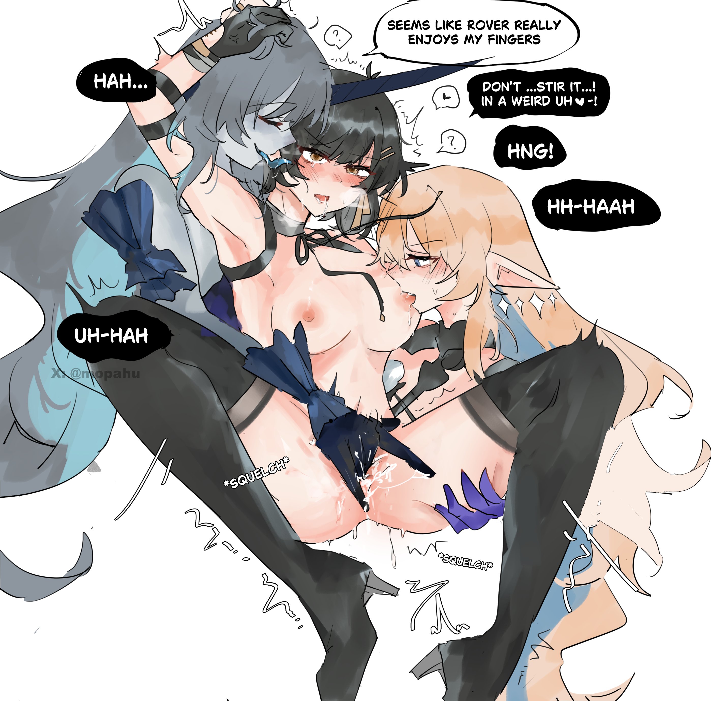 3girls, black hair, blonde hair, blush, female rover (wuthering waves), fff threesome, fleurdelys (wuthering waves), horned humanoid, lesbian, lesbian sex, light skin, light-skinned female, mopahu, rover (wuthering waves), simple background, sucking nipples, white background, wuthering waves, yuri