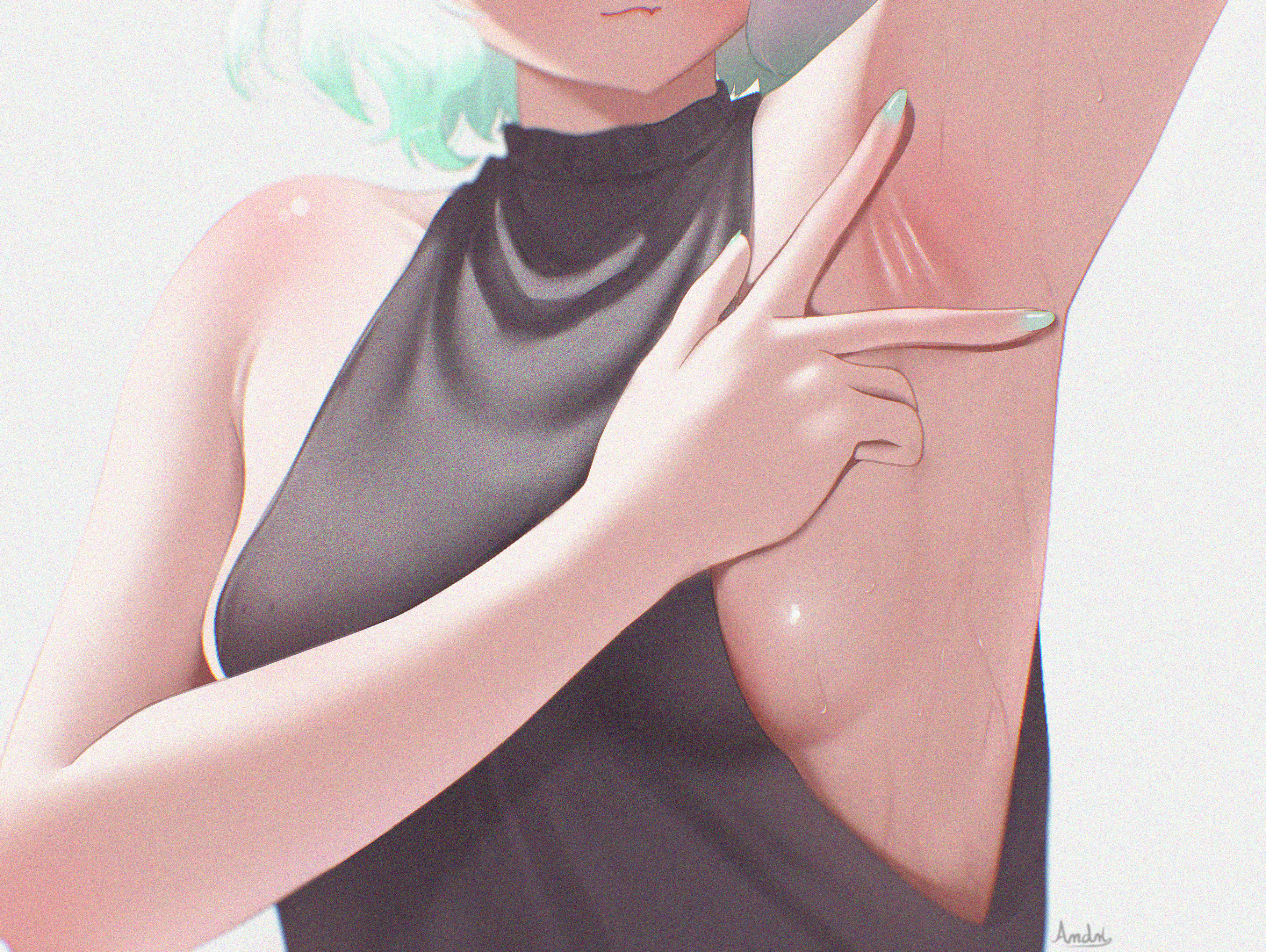 :3, 1girls, absurdres, alternate costume, andrl, arm up, armpits, bare arms, black shirt, breasts, commentary, densetsu.exe, english commentary, female, gradient hair, green hair, green nails, halter shirt, halterneck, head out of frame, highres, indie virtual youtuber, maid mint, mint fantome, multicolored hair, nail polish, oerba yun fang, shirt, short hair, sideboob, simple background, skin fang, sleeveless, sleeveless shirt, small breasts, solo, spread armpit, virtual youtuber, vtuber, white background, white hair
