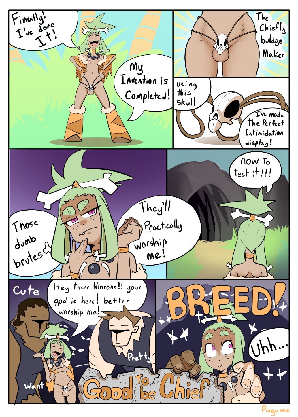 balls, belly button, bone, bone hair ornament, cave, caveman, chastity cage, chastity device, chocolate and vanilla, color, comic, dark skin, dark-skinned femboy, dark-skinned male, dark-skinned sissy, dark-skinned sub, dark-skinned twink, dialogue, femboy, femboysub, gay, green hair, hair ornament, hair tie, imminent rape, imminent sex, larger male, light skin, light-skinned male, multiple boys, multiple males, navel, nipples, oc, original character, pink eyes, pugums, smaller male, speech bubble, yaoi